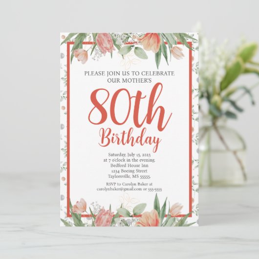 水フェミニン色フローラ80th誕生日パーティー 招待状 (スタンド正面)