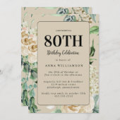 水フェミニン色フローラ80th誕生日パーティー 招待状 (正面/裏面)