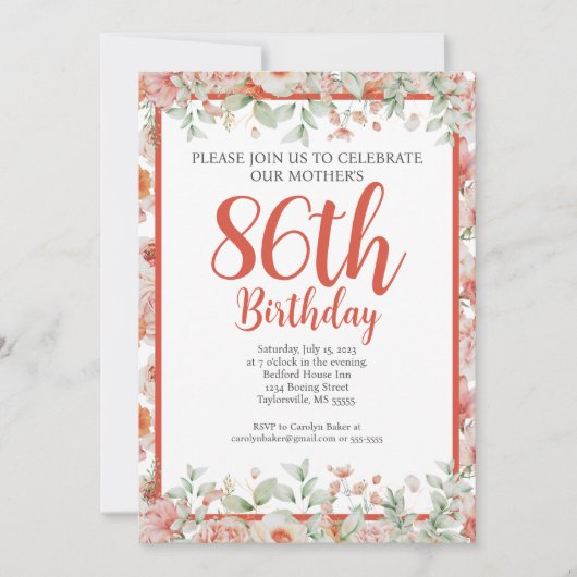 水フェミニン色フローラ86th誕生日パーティー 招待状 (正面)