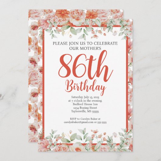 水フェミニン色フローラ86th誕生日パーティー 招待状 (正面/裏面)