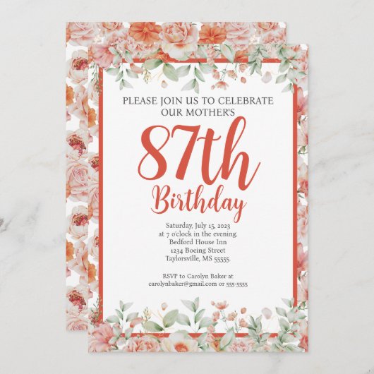 水フェミニン色フローラ87th誕生日パーティー 招待状 (正面/裏面)