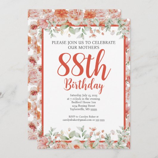 水フェミニン色フローラ88th誕生日パーティー 招待状 (正面/裏面)