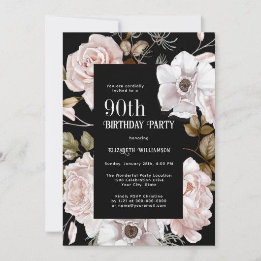 水フェミニン色フローラ90th誕生日パーティー 招待状 (正面)