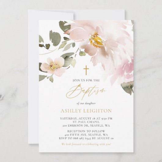 水フェミニン色赤面花ガールバプテスマ 招待状 (正面)