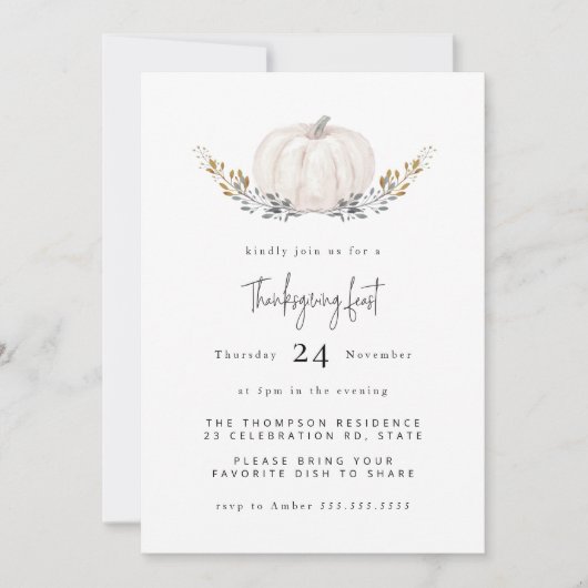 水ミニマル色かぼちゃの葉感謝祭 招待状 (正面)