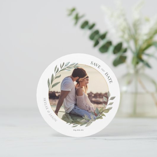 水ミニマル色の葉と金ゴールドの円の写真 セーブザデート (スタンド正面)