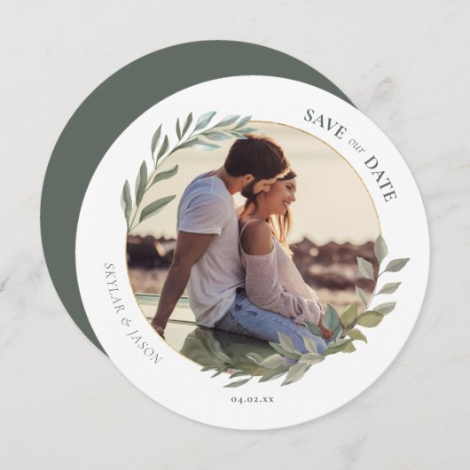 水ミニマル色の葉と金ゴールドの円の写真 セーブザデート (正面/裏面)