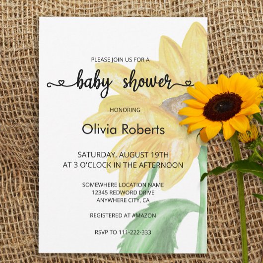 水ミニマル色ひまわり赤ちゃんシャワー 招待状