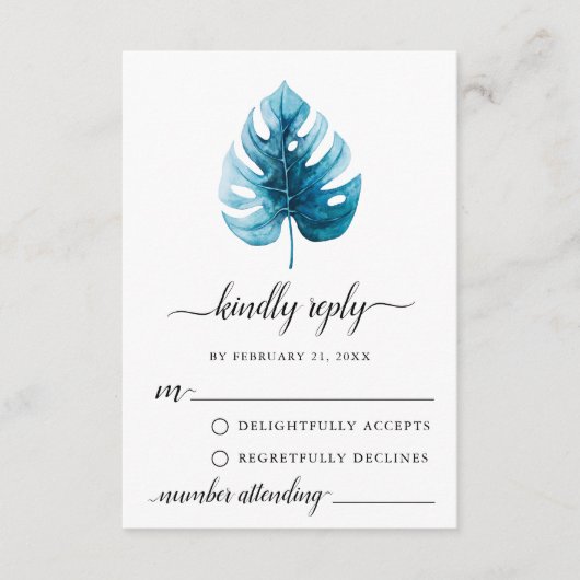 水ミニマル色モンスターリーフRSVPカード アドバイスカード (正面)