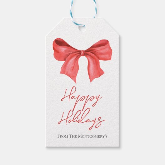 水ミニマル色レッドリボンハッピーホリデイズ ギフトタグ (正面)