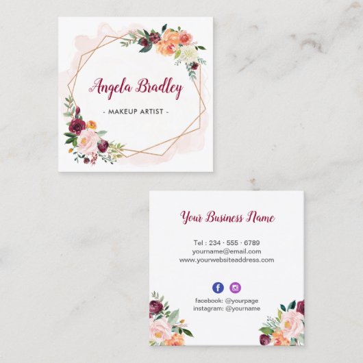 水モダンお洒落色フローラメイクアップアーティスト スクエア名刺 (正面/裏面)