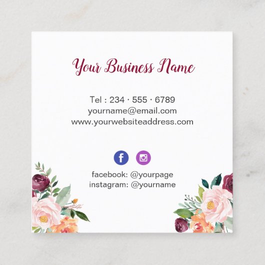 水モダンお洒落色フローラメイクアップアーティスト スクエア名刺 (裏面)