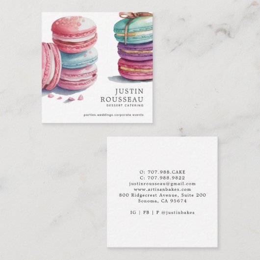 水モダンはっきりした色マカロンベイカーパティシシェフ スクエア名刺 (正面/裏面)