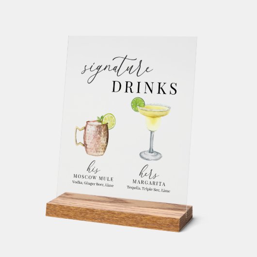 水モダンエレガント色のシグネチャードリンク アクリルサイン (傾斜)