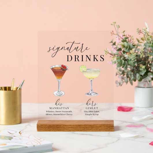 水モダンエレガント色のシグネチャードリンク アクリルサイン (ウェディング)