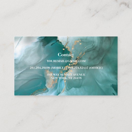水モダンエレガント色のティール（緑がかった色）と金ゴールド 名刺 (裏面)