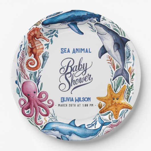 水モダンエレガント色の動物の赤ちゃんシャワー3 ペーパープレート (正面)