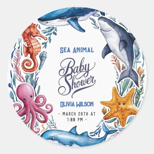 水モダンエレガント色の動物の赤ちゃんシャワー3 ラウンドシール (正面)