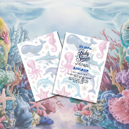 水モダンエレガント色の動物の赤ちゃんシャワー7 招待状