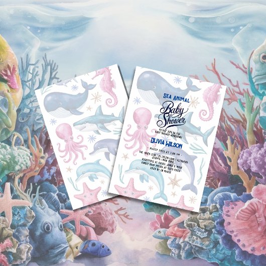 水モダンエレガント色の動物の赤ちゃんシャワー7 招待状