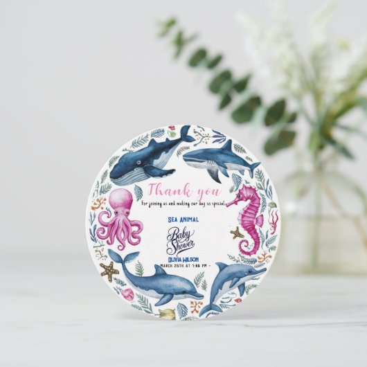 水モダンエレガント色の動物の赤ちゃんシャワー サンキューカード (スタンド正面)
