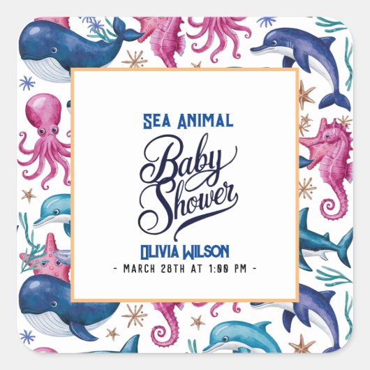 水モダンエレガント色の動物の赤ちゃんシャワー スクエアシール (正面)