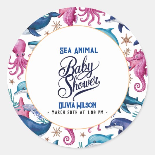 水モダンエレガント色の海の動物の赤ちゃんシャワー5 ラウンドシール (正面)
