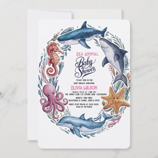水モダンエレガント色の海の動物の赤ちゃんシャワー5 招待状 (正面)