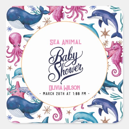 水モダンエレガント色の海の動物の赤ちゃんシャワー6 スクエアシール (正面)