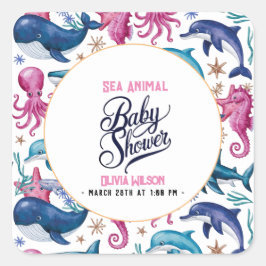 水モダンエレガント色の海の動物の赤ちゃんシャワー6 スクエアシール