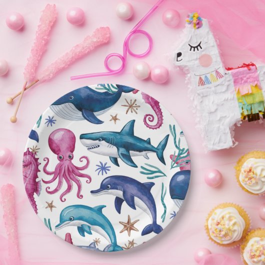 水モダンエレガント色の海の動物の赤ちゃんシャワー6 ペーパープレート (パーティー)