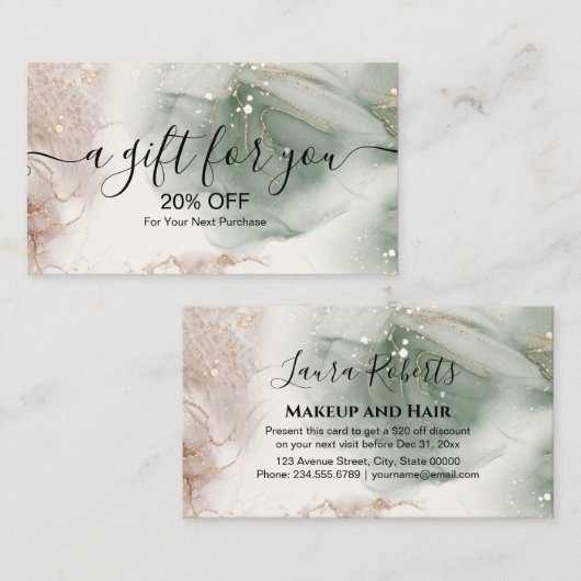 水モダンエレガント色の緑と金ゴールド 割引カード (正面/裏面)