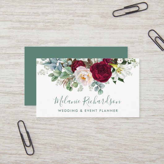 水モダンエレガント色の緑のバーガンディフローラ 名刺 (正面/裏面インサイチュ)