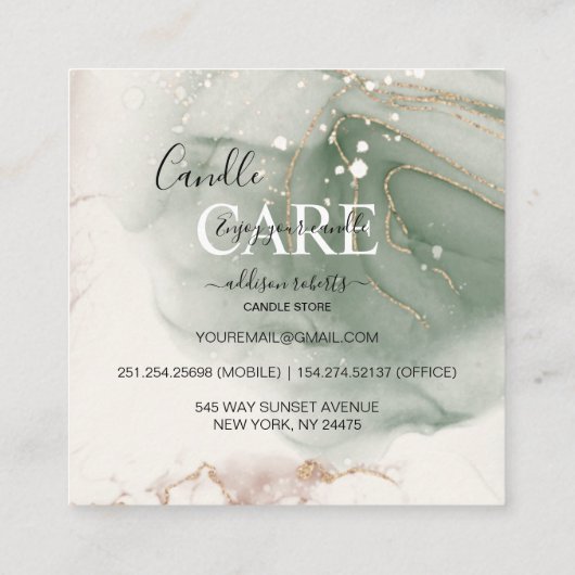 水モダンエレガント色の緑の気にキャンドル スクエア名刺 (裏面)
