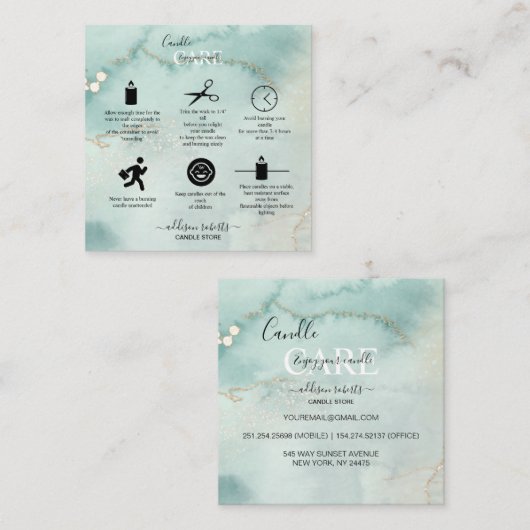 水モダンエレガント色グリーンキャンドルスクアプ スクエア名刺 (正面/裏面)