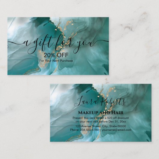 水モダンエレガント色ティール(緑がかった色)と金ゴールド割引 割引カード (正面/裏面)