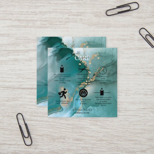 水モダンエレガント色ティール(緑がかった色)キャンド気にル スクエア名刺 (正面/裏面インサイチュ)