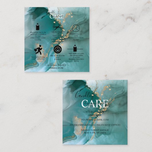 水モダンエレガント色ティール(緑がかった色)キャンド気にル スクエア名刺 (正面/裏面)