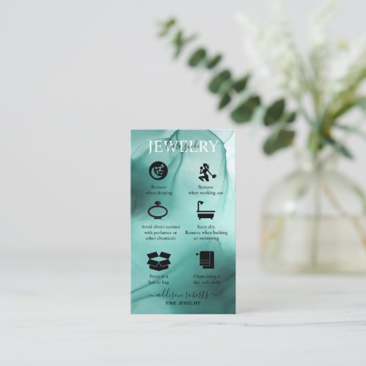 水モダンエレガント色ティール（緑がかった色）ジュエリー気にブシン 名刺 (スタンド正面)