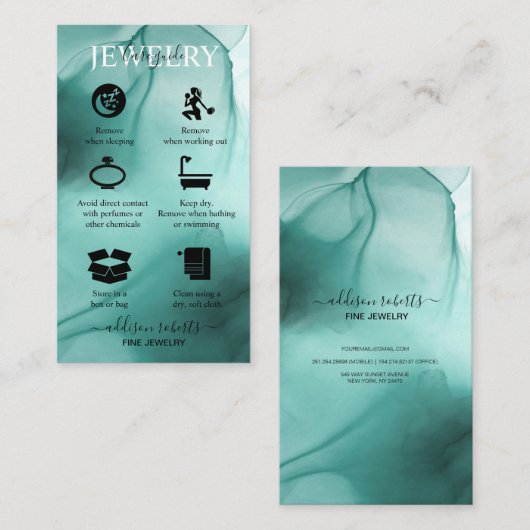 水モダンエレガント色ティール（緑がかった色）ジュエリー気にブシン 名刺 (正面/裏面)