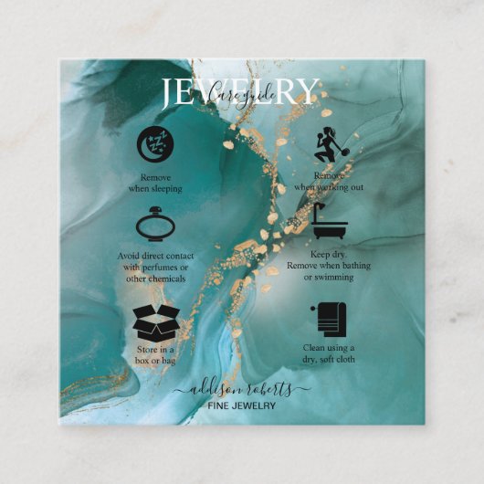 水モダンエレガント色ティール(緑がかった色)ジュエリー気に スクエア名刺 (正面)