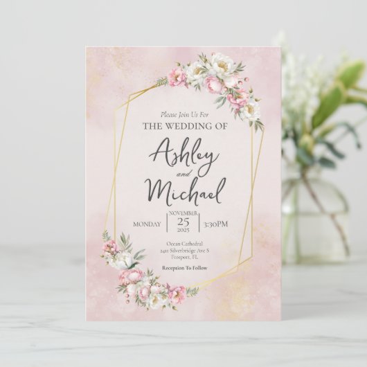 水モダンエレガント色フローラパイ結婚ニー 招待状 (スタンド正面)