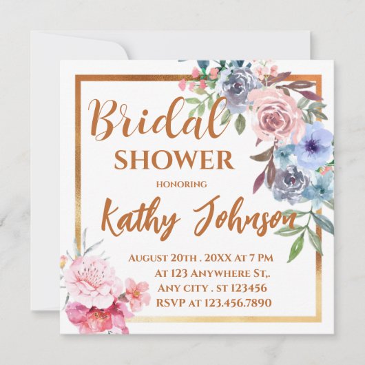 水モダンエレガント色フローラブライダルシャワーInv 招待状 (正面)