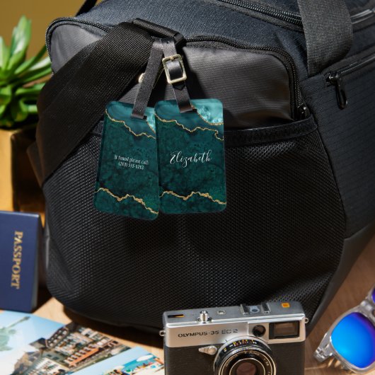 水モダンエレガント色マーブルゲートティール（緑がかった色）金ゴールド ラゲッジタグ (正面&裏面)