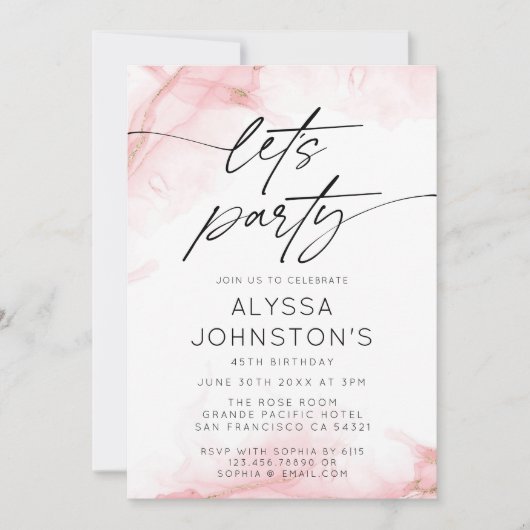 水モダンエレガント色レッツパーティー赤面ピンク 招待状 (正面)