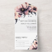 水モダンエレガント色赤面ピンクフローラ オールインワン招待状 (内側)