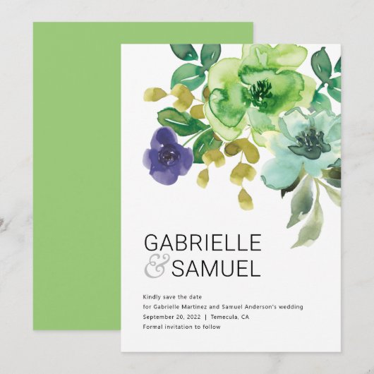 水モダンカラフル色フローラブーケ セーブザデート (正面/裏面)