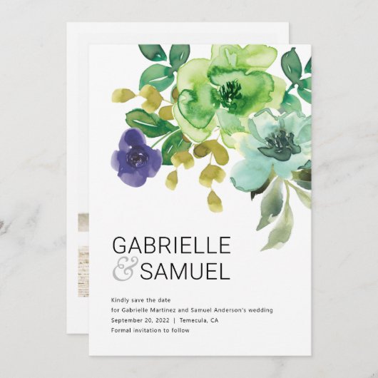 水モダンカラフル色フローラ写真 セーブザデート (正面/裏面)