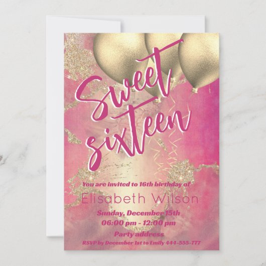 水モダンクール色ピンク金ゴールド甘い16 招待状 (正面)