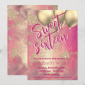 水モダンクール色ピンク金ゴールド甘い16 招待状 (正面/裏面)